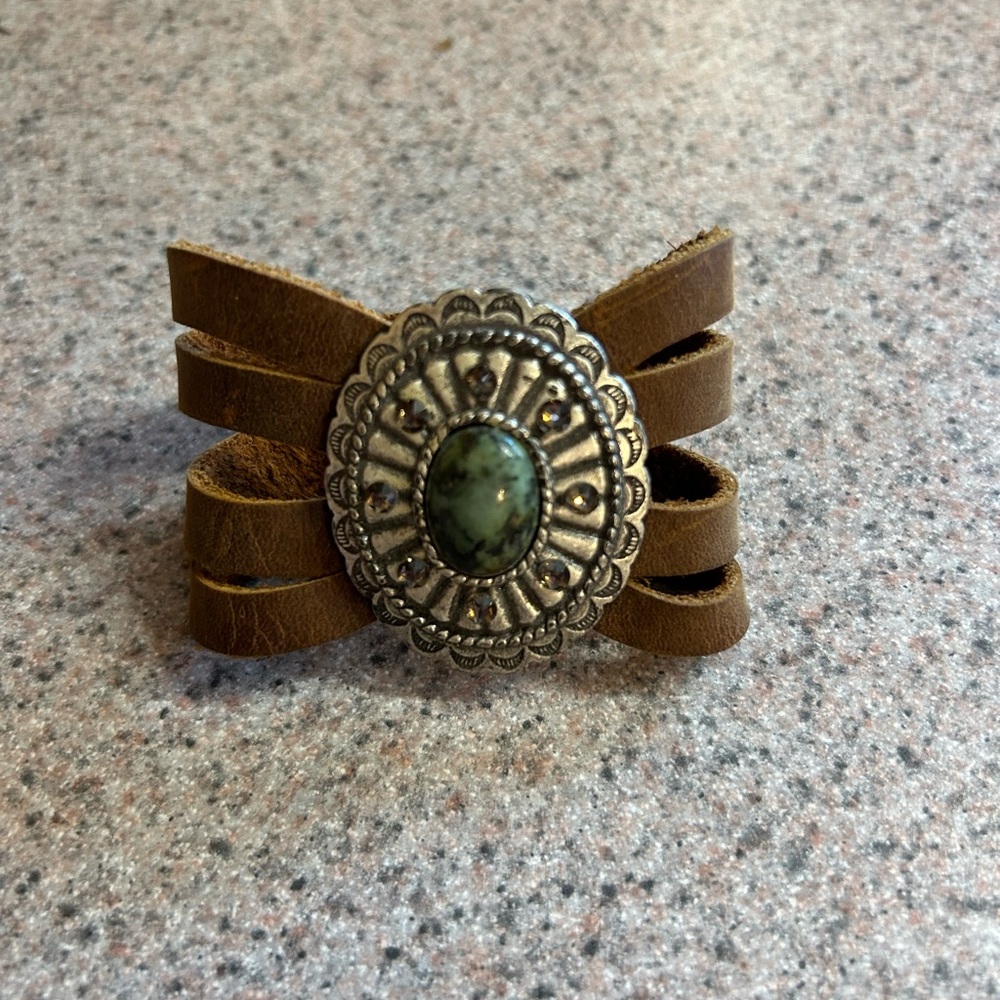 Leatherock Brown Bracelet with Silver and Green Accents